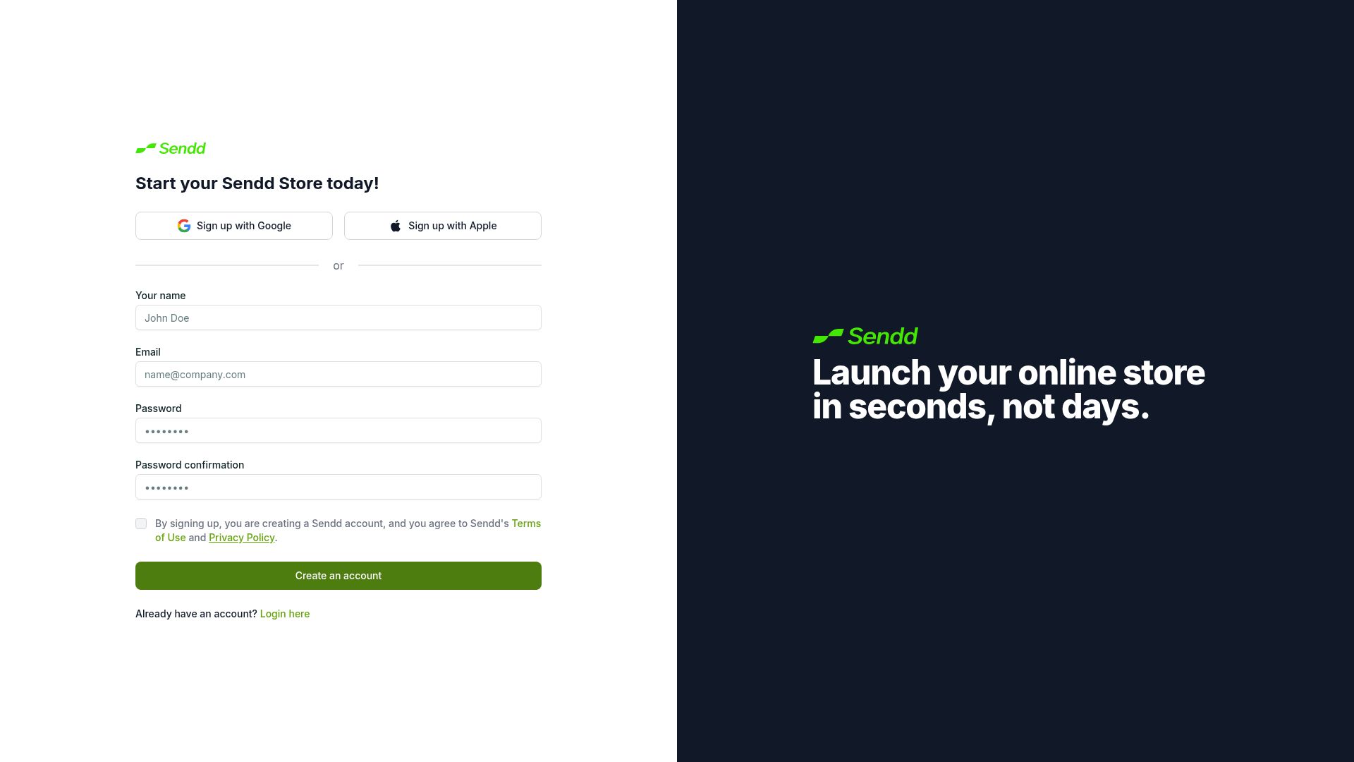 Sendd sign-up screen