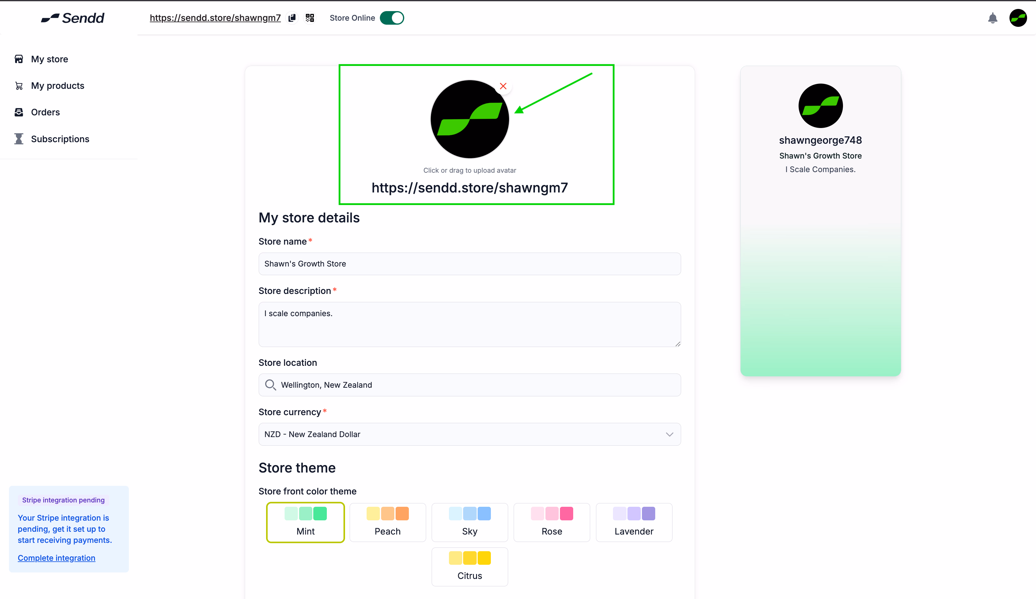 Click on Sendd Store profile picture
