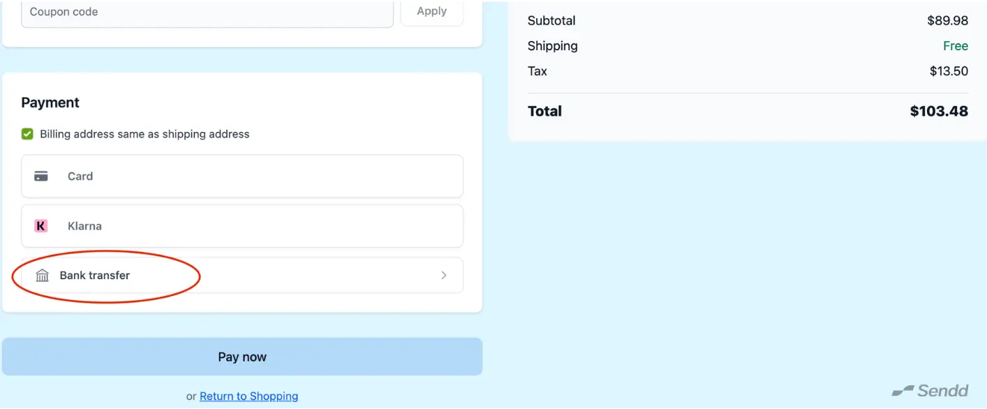 Sendd checkout showing bank transfer option alongside card payment