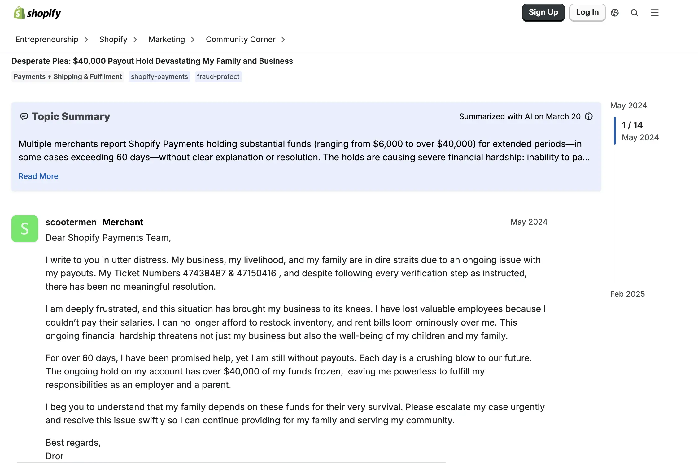 Screenshot of Shopify Community thread — $40,000 payout hold